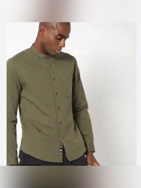 Netplay Olive Green 100% Linen Band Collar Button-Up Shirt size Large